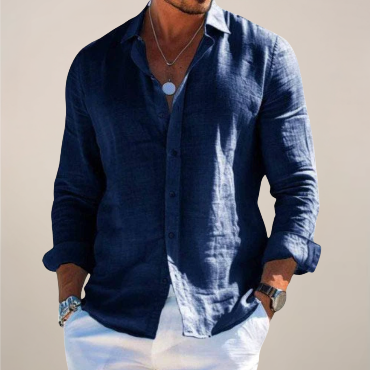 Camicia da Uomo in Lino a Maniche Lunghe con Vestibilità Regolare