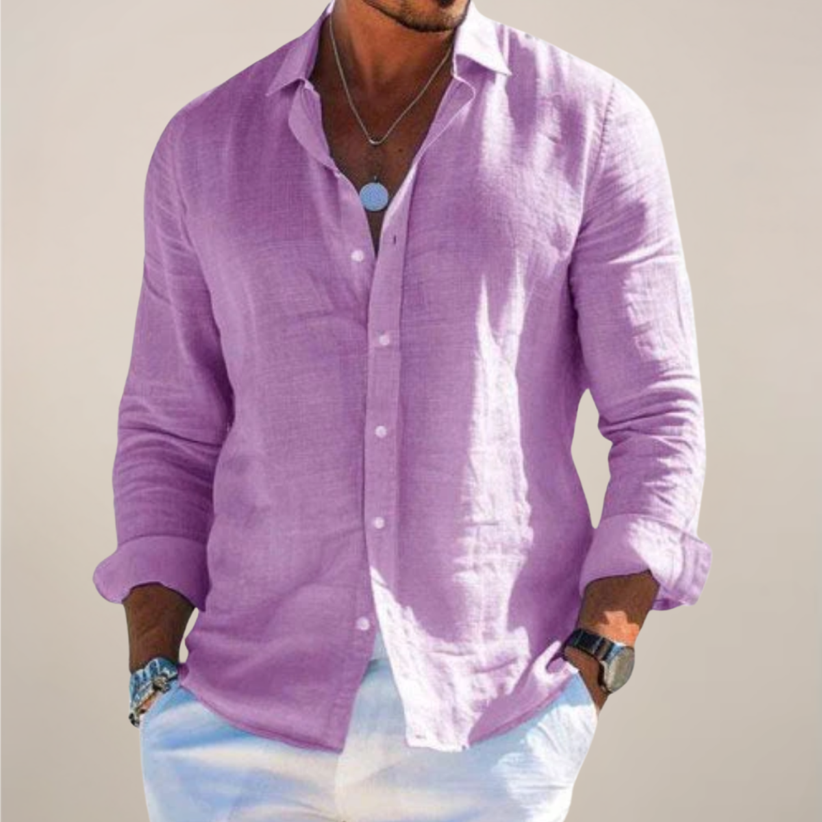 Camicia da Uomo in Lino a Maniche Lunghe con Vestibilità Regolare