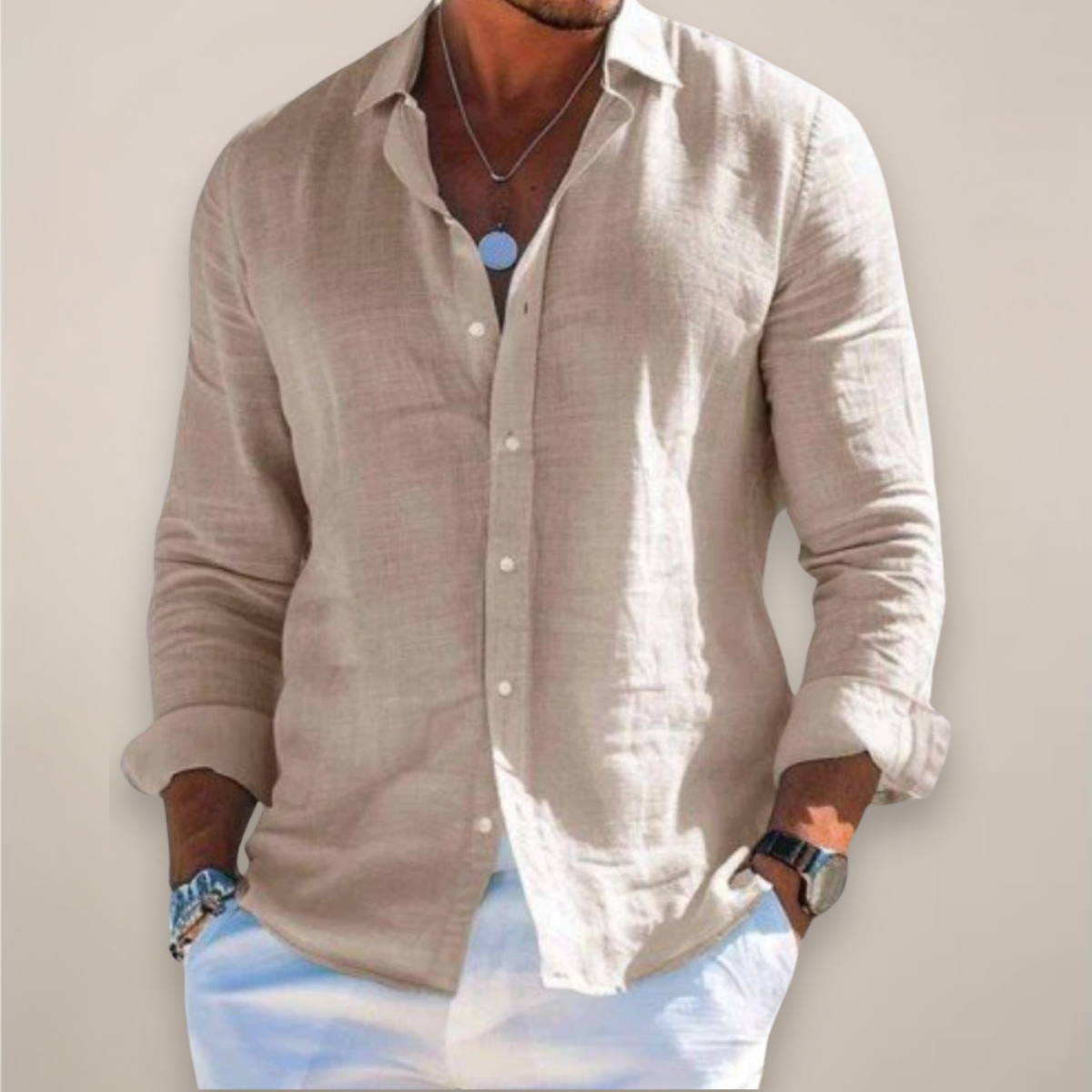 Camicia da Uomo in Lino a Maniche Lunghe con Vestibilità Regolare