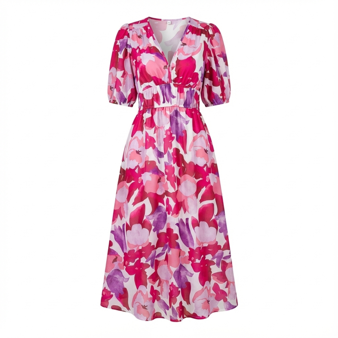 Vestido midi estampado para mujer con escote en V, mangas 3/4 y cintura fruncida