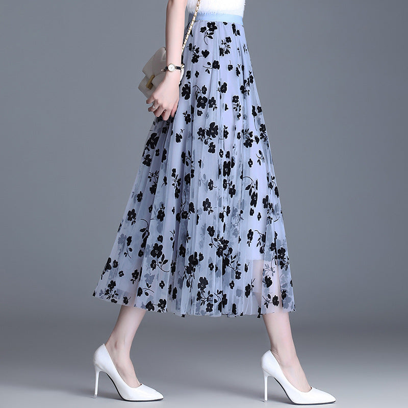 Midi sukně z tylu pro ženy s květinovou výšivkou