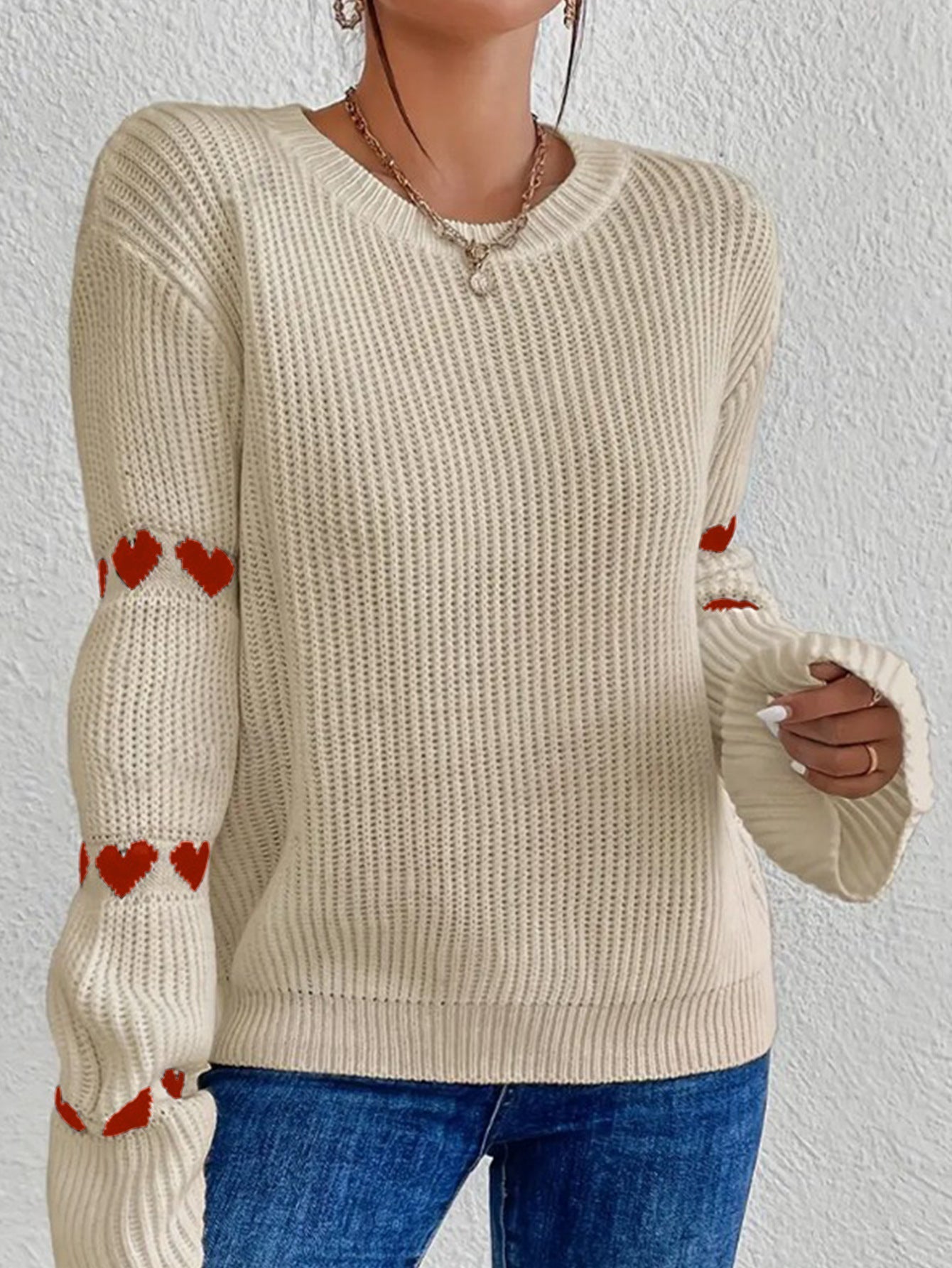 Maglione Invernale da Donna a Girocollo Caldo | Pullover in Maglia con Motivo a Cuori