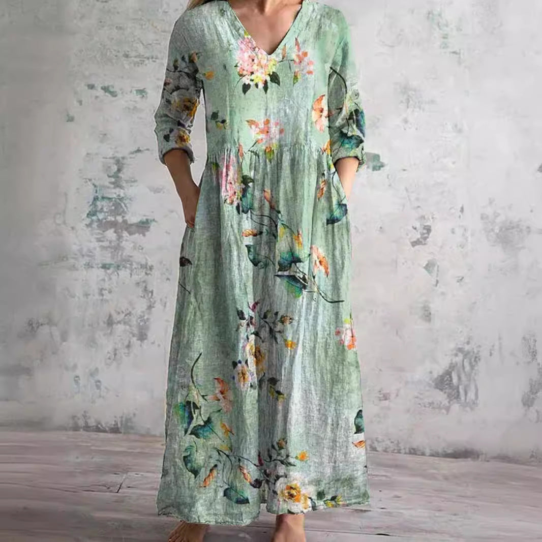 Robe d'été pour femme avec col en V et imprimé floral