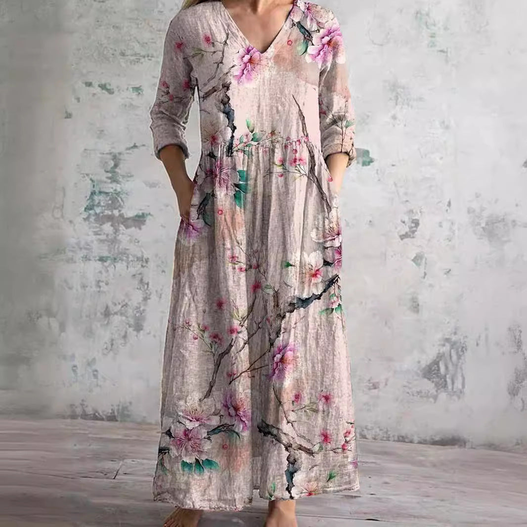 Robe d'été pour femme avec col en V et imprimé floral