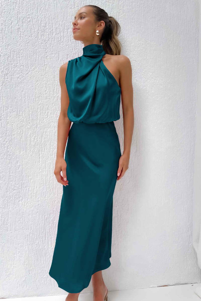 Elegant midi dress with asymmetric neckline