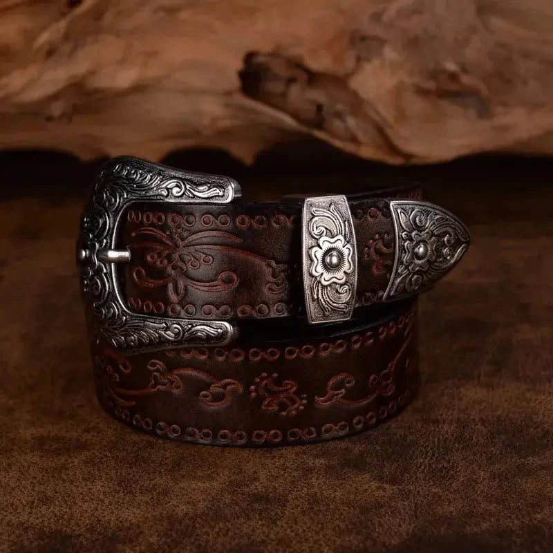 Cintura in pelle da uomo in stile western - Fibbia incisa, classico stile cowboy