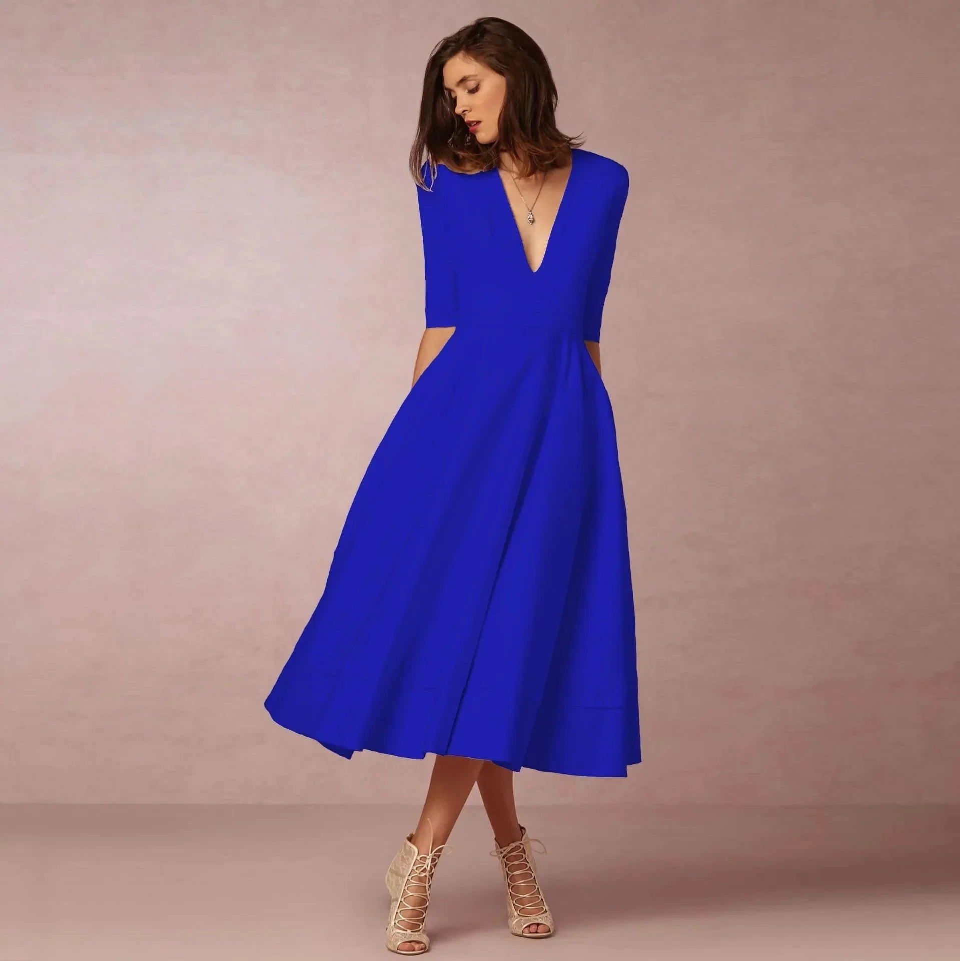 Robe midi à col en V et manches au coude pour femme
