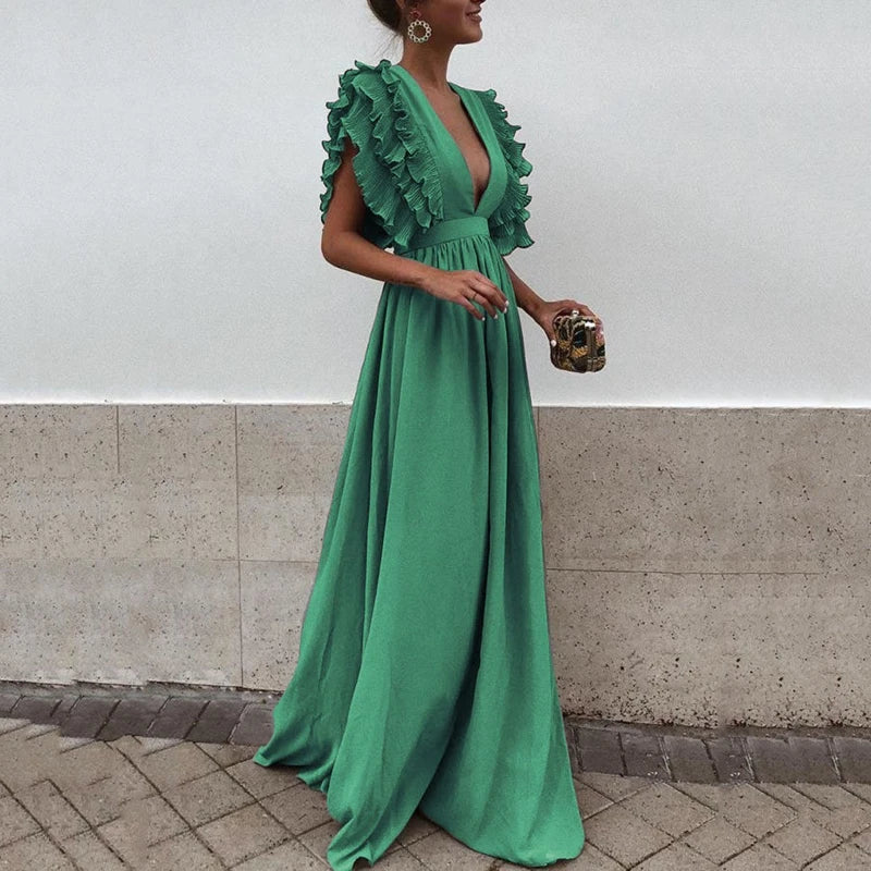 Rochie maxi fluidă cu mâneci cu volane