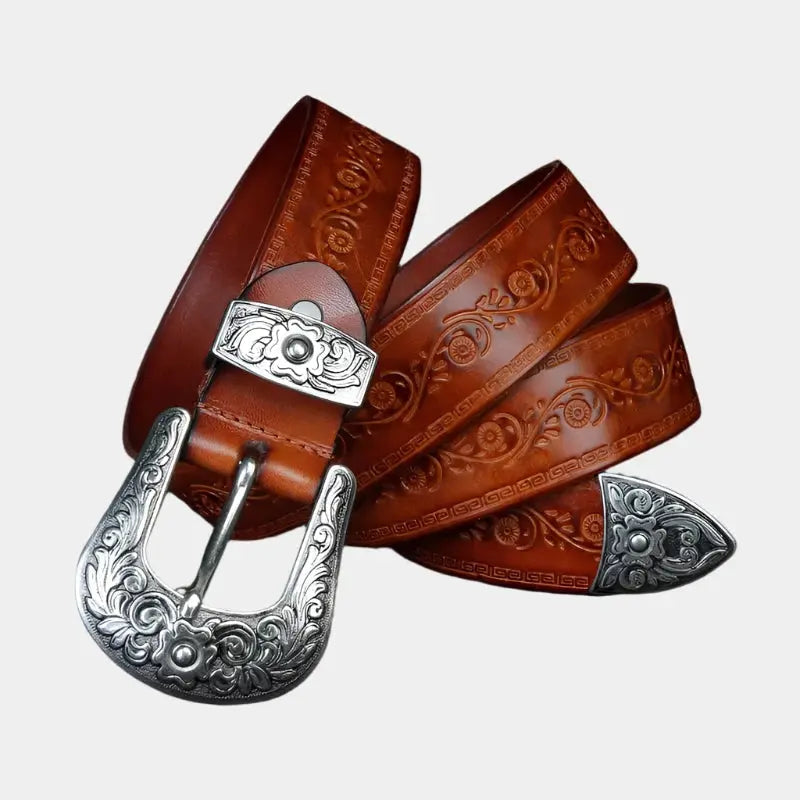 Férfi bőröv western stílusban - Gravírozott csat, klasszikus cowboy stílus