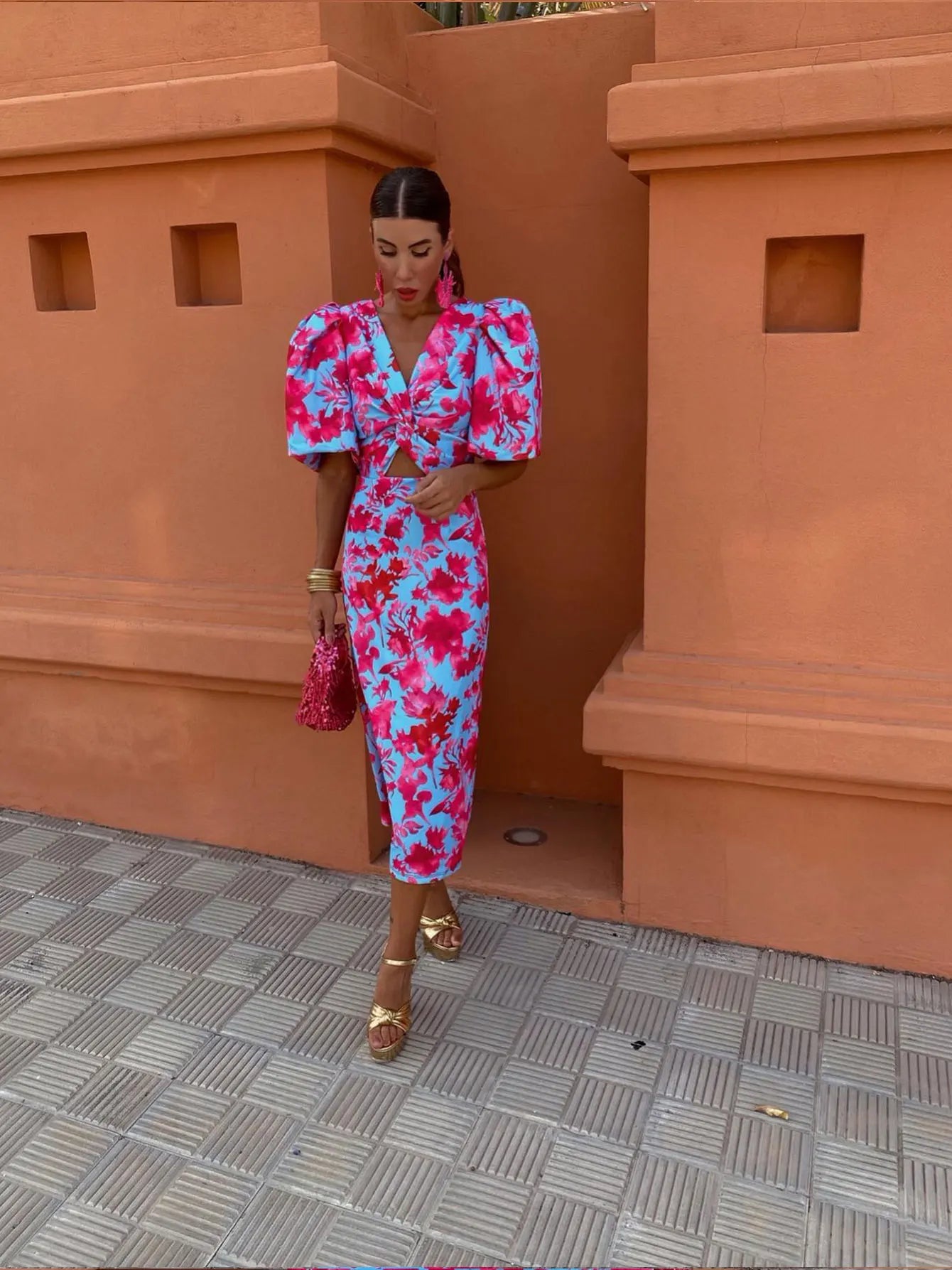 Women's Floral Midi Dress with Ruffle Sleeves
