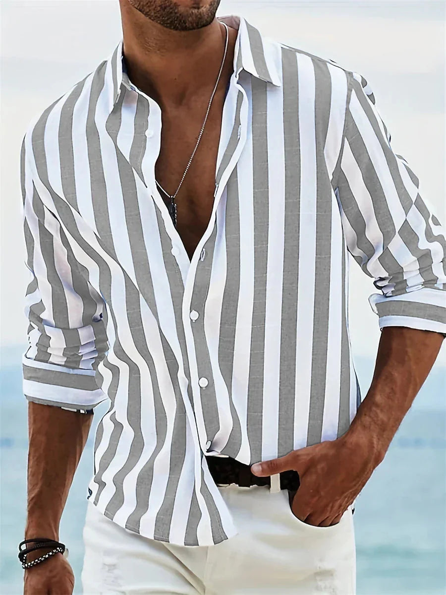 Chemise d'été pour homme James – Chemise à rayures bleues en lin mélangé et coton