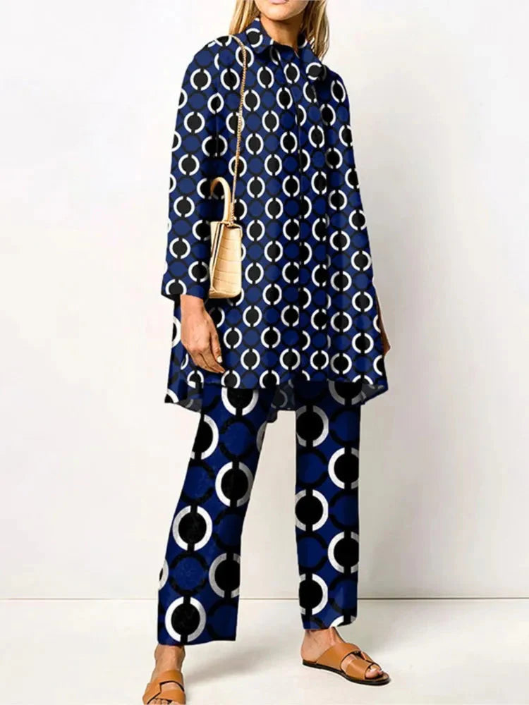 Elegant Vintage Two-Piece Set for Women – Fashionable Blouse and Pants