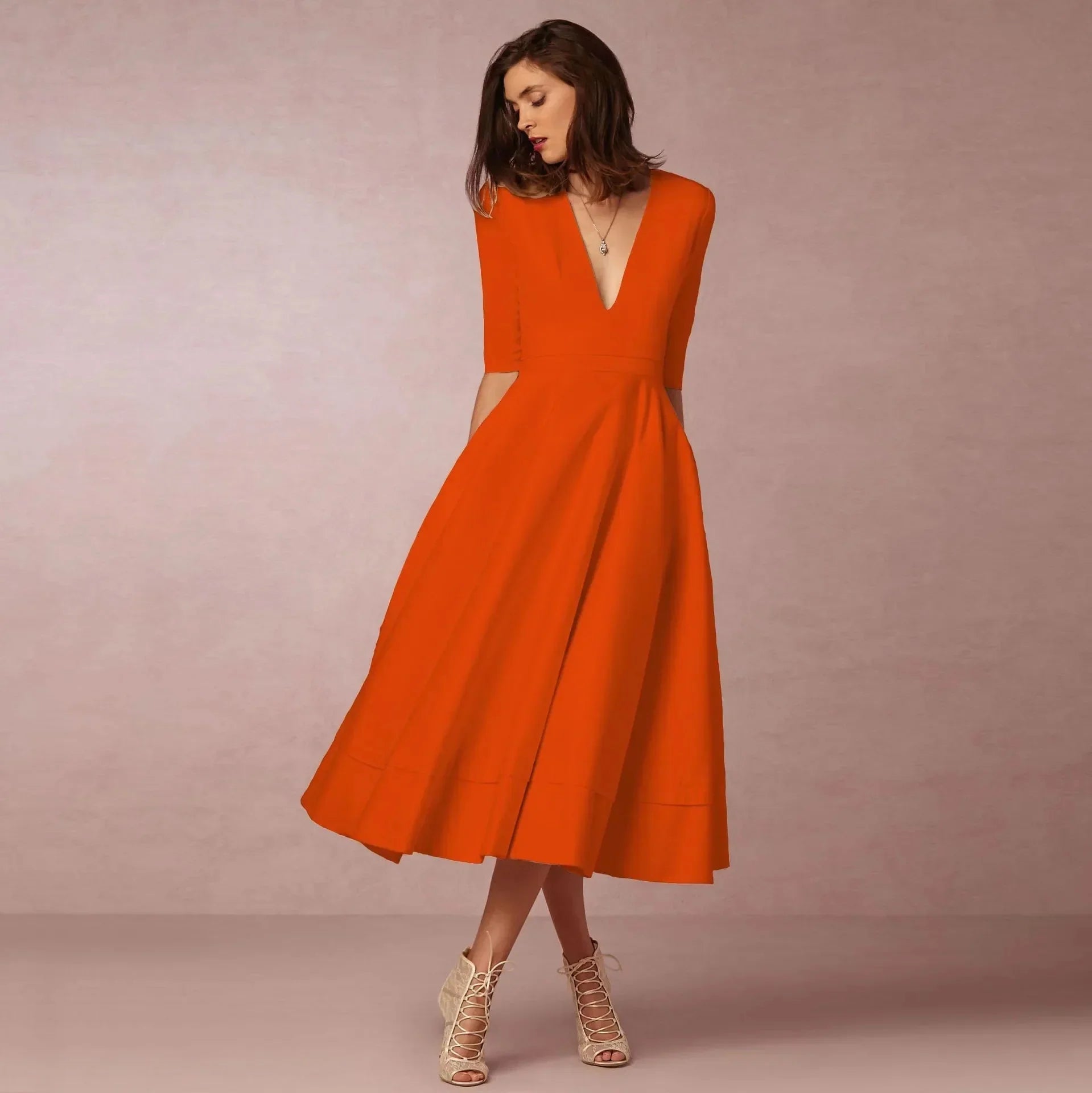 Robe midi à col en V et manches au coude pour femme