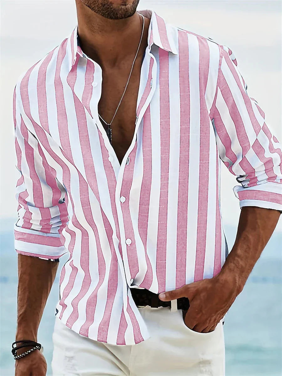 Chemise d'été pour homme James – Chemise à rayures bleues en lin mélangé et coton