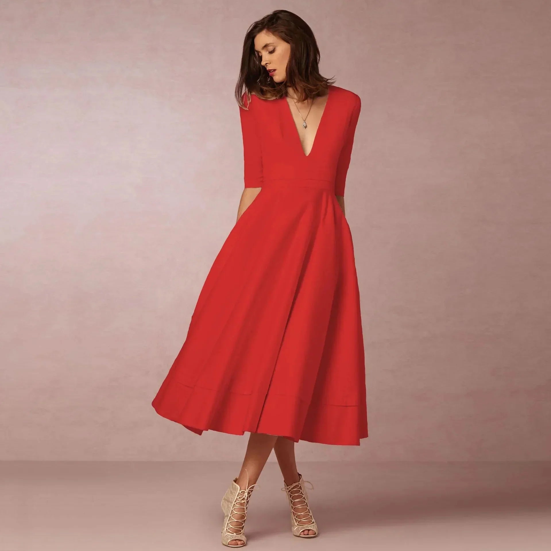 Robe midi à col en V et manches au coude pour femme