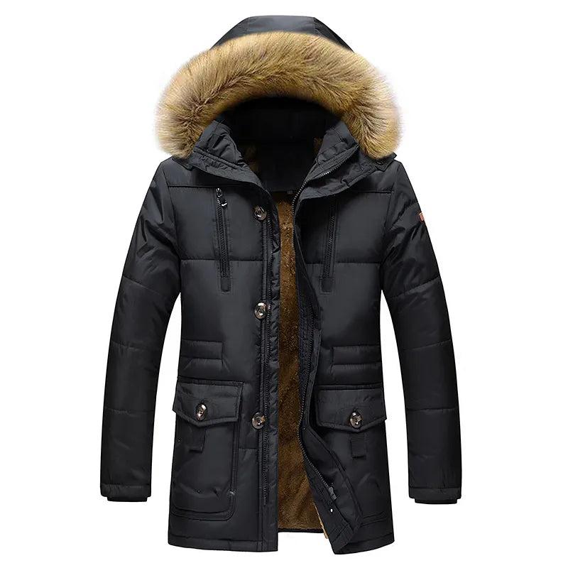 Parka Masculina com Capuz em Pele Quente | Casaco de Inverno com Múltiplos Bolsos