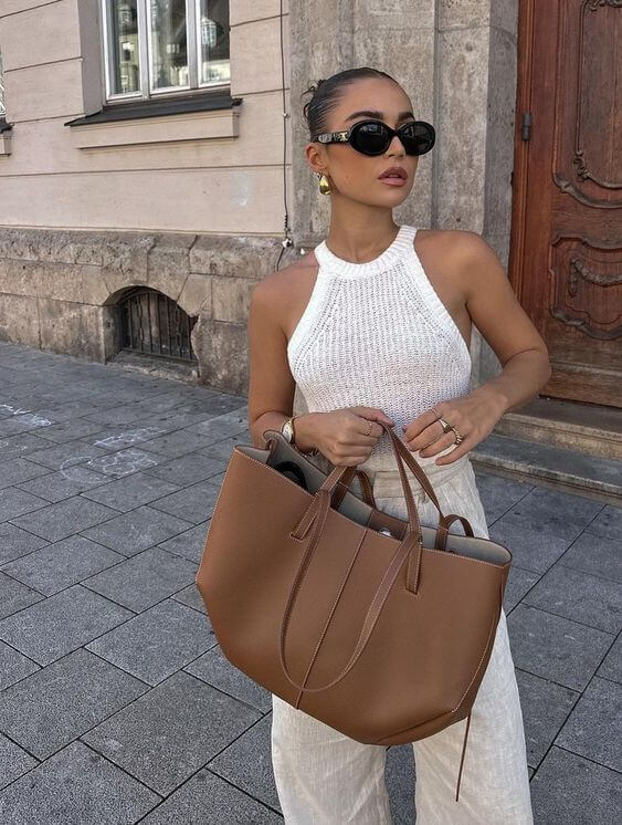 Elegant vintage dame-tote taske - Stor håndtaske i læder med skulderrem