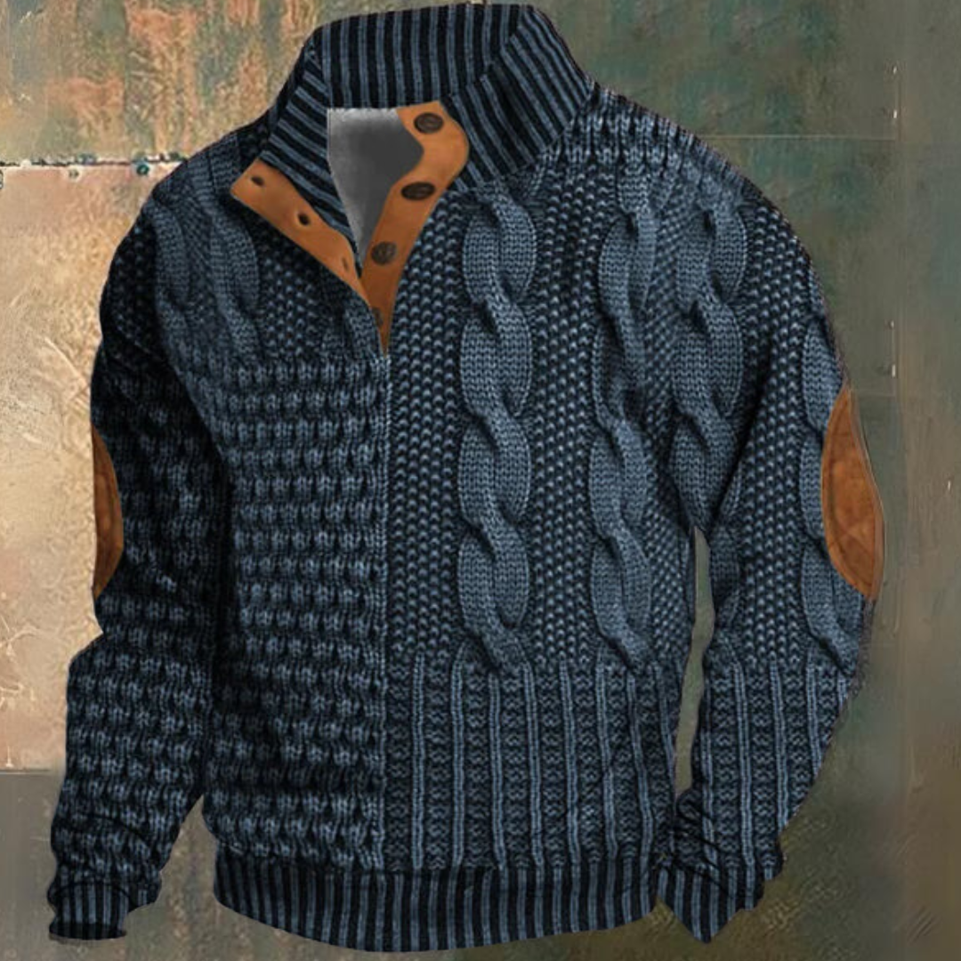 Men's Turtleneck Sweater with Zip and Cable Knit Design