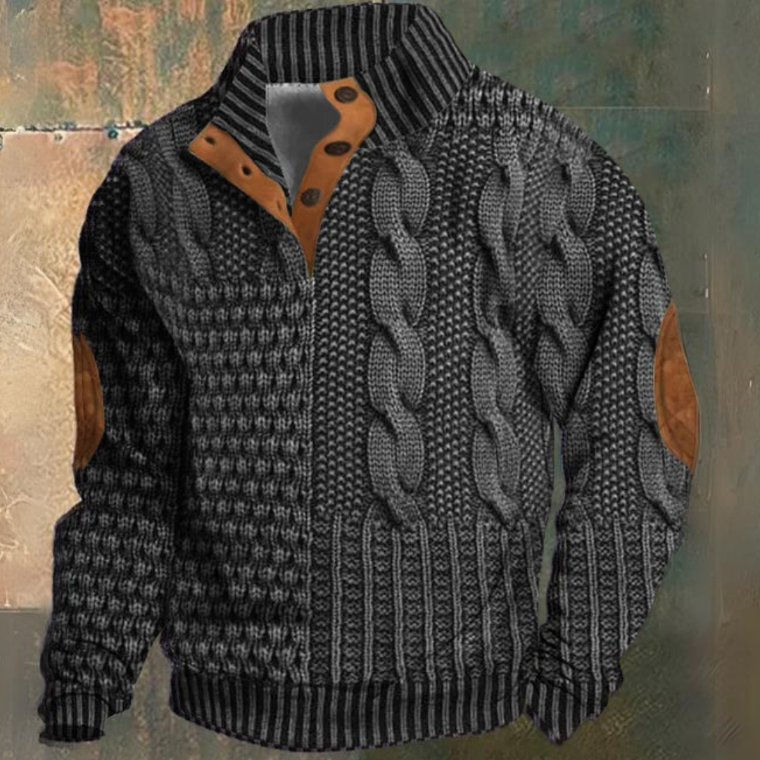 Men's Turtleneck Sweater with Zip and Cable Knit Design
