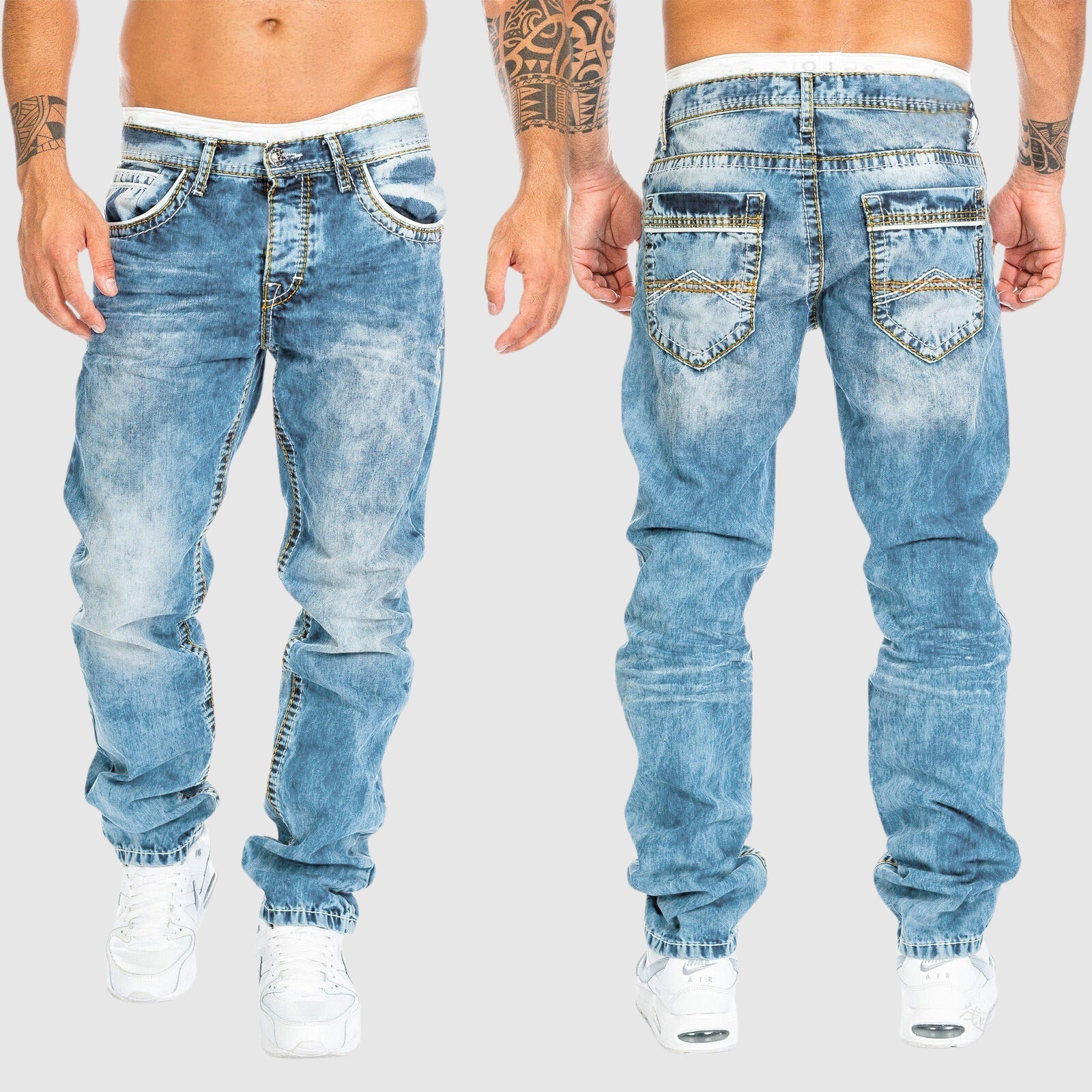 Weit geschnittene Jeans – verwaschen – tief sitzend – Baggy-Jeans – Herrenjeans-Hellblau-S-Chaps Herrenmode