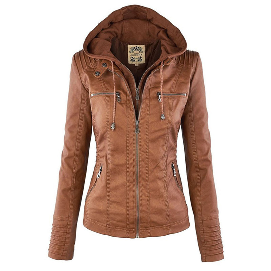 Dámská bunda s kapucí z ekologické kůže, slim fit, se zipem