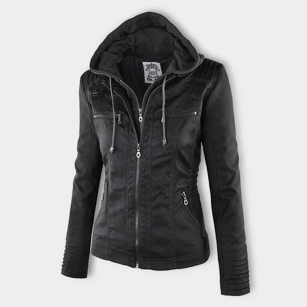 Dámská bunda s kapucí z ekologické kůže, slim fit, se zipem