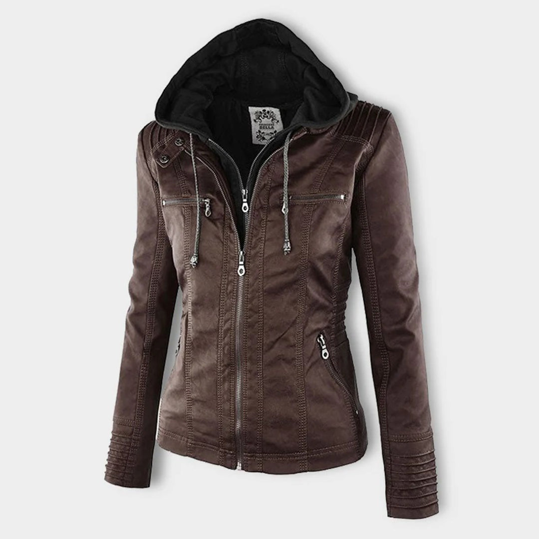 Dámská bunda s kapucí z ekologické kůže, slim fit, se zipem