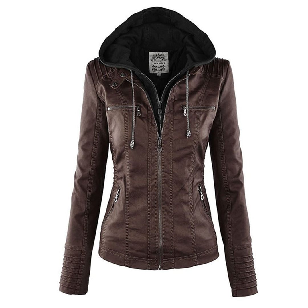 Dámská bunda s kapucí z ekologické kůže, slim fit, se zipem