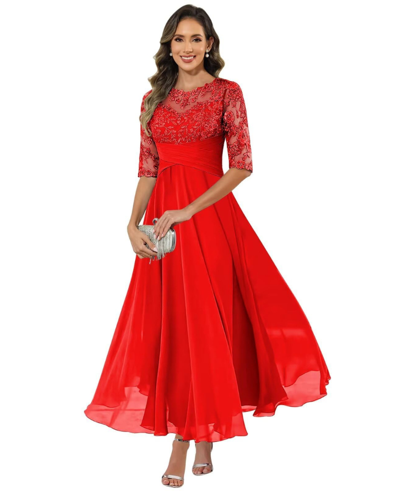 Evening Dress for Women – Lace and Chiffon, 3/4 Sleeves and Elegant A-Line Cut
