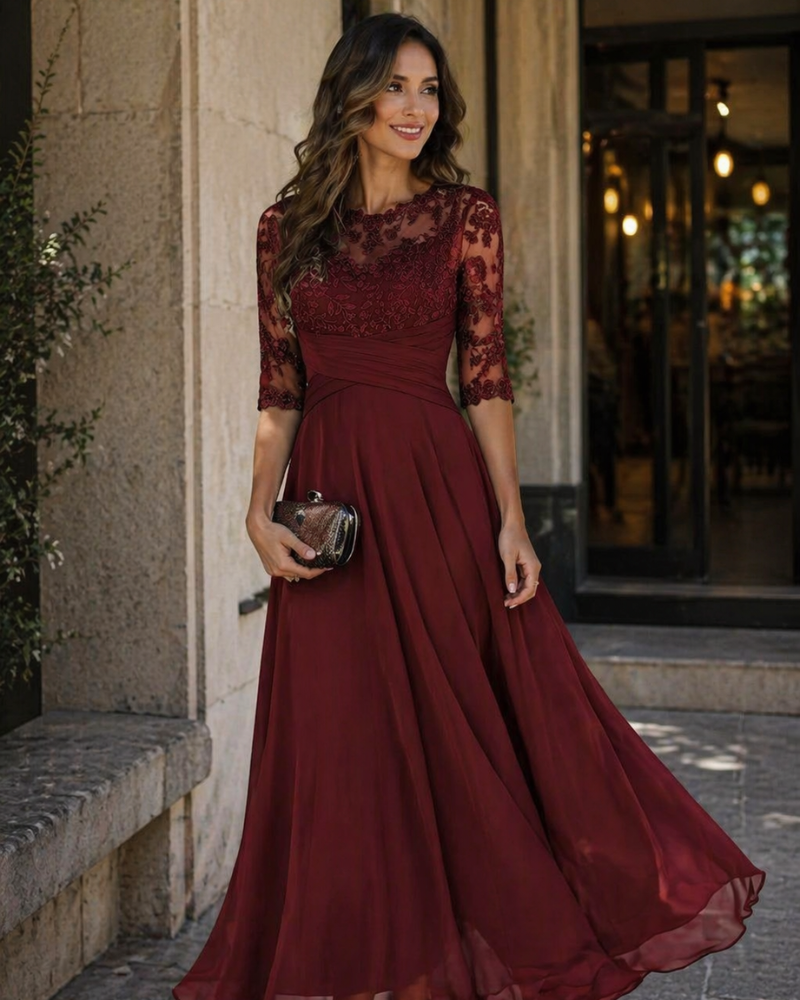 Evening Dress for Women – Lace and Chiffon, 3/4 Sleeves and Elegant A-Line Cut