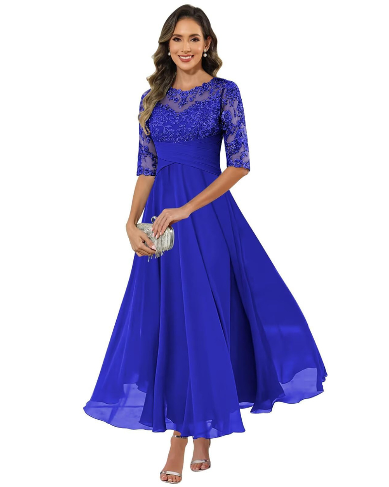 Evening Dress for Women – Lace and Chiffon, 3/4 Sleeves and Elegant A-Line Cut