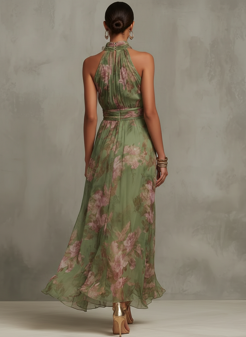 Abito Lungo Donna Floreale con Collo Alto e Gonna Fluida