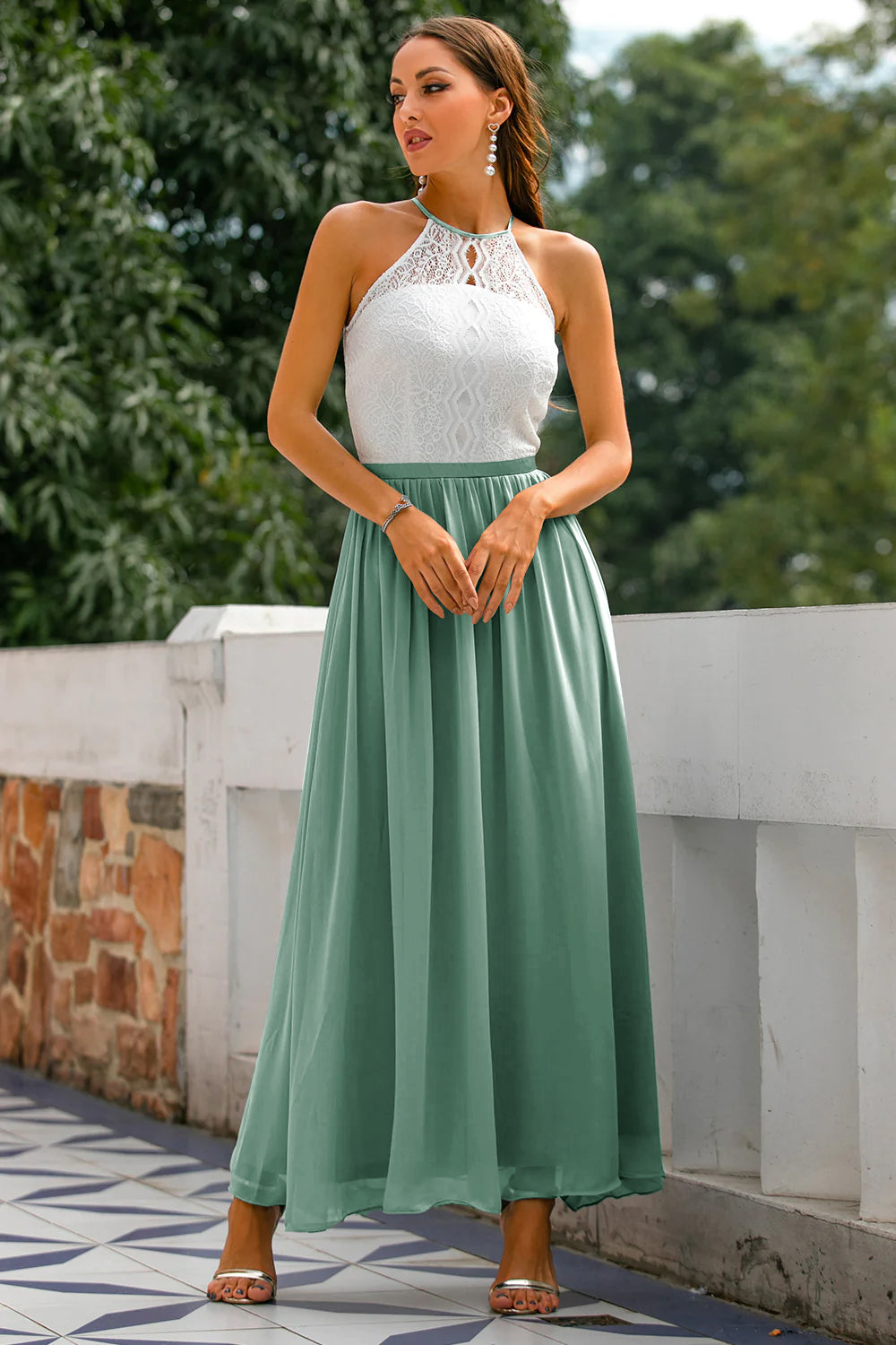 Abito Maxi Elegante con Scollo all'Americana per Invitata a Nozze