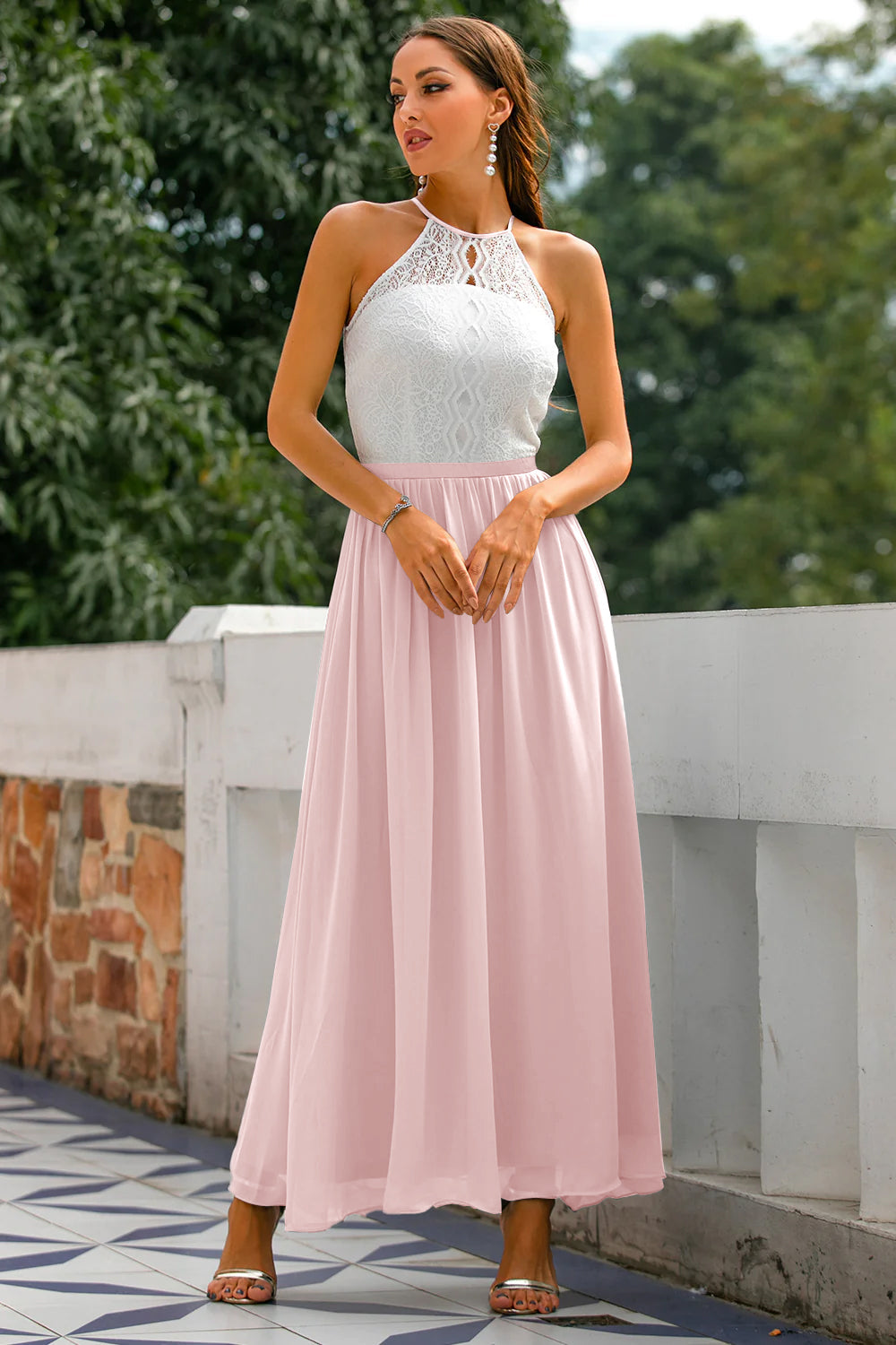 Abito Maxi Elegante con Scollo all'Americana per Invitata a Nozze