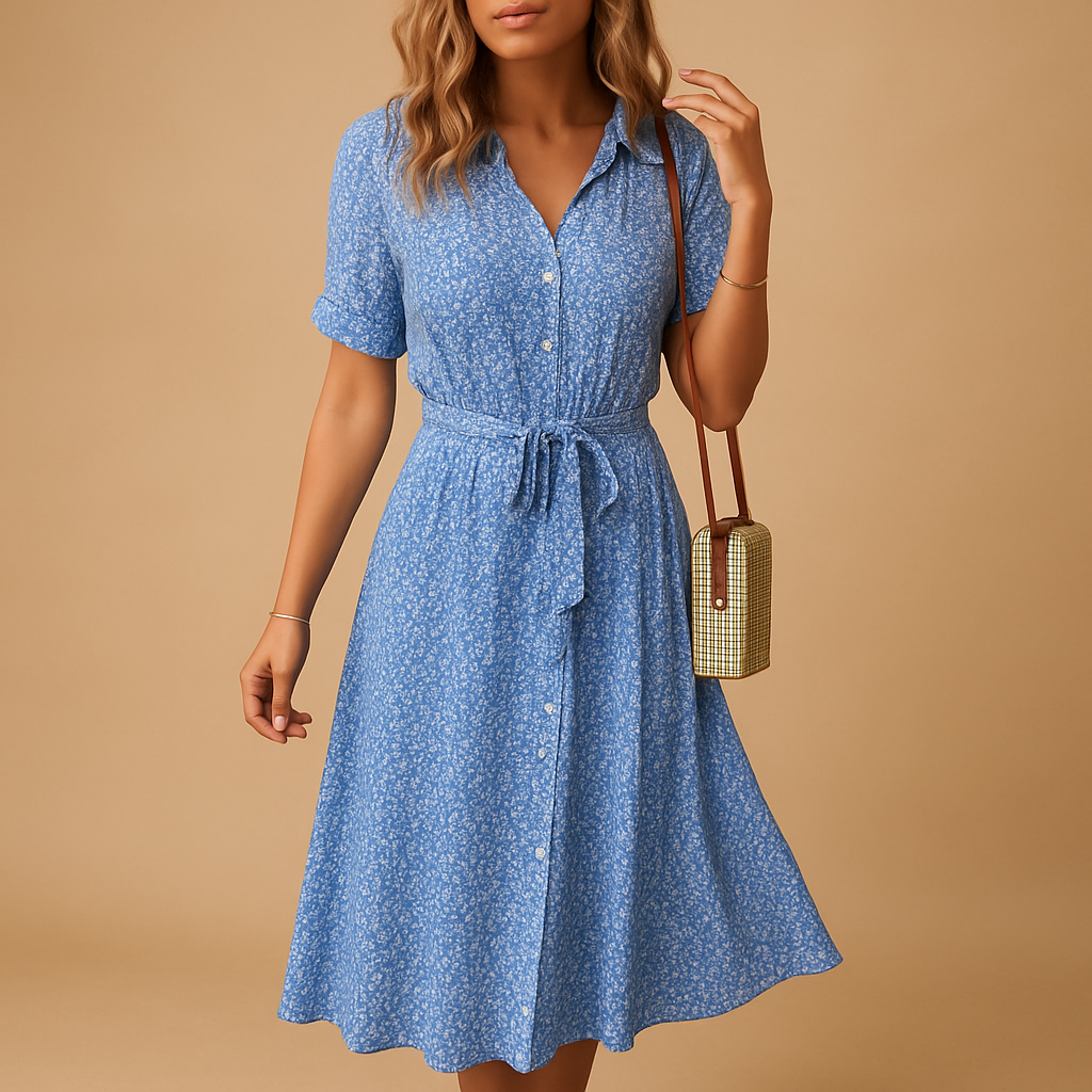 Women's midi dress with V-neck and print