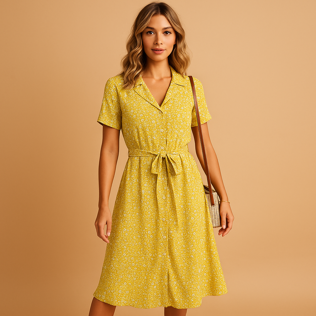 Women's midi dress with V-neck and print