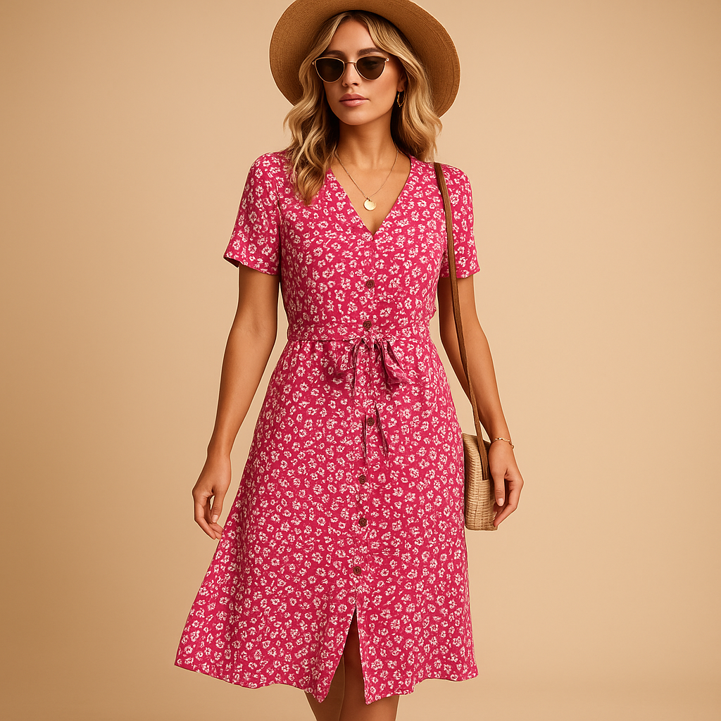Women's midi dress with V-neck and print