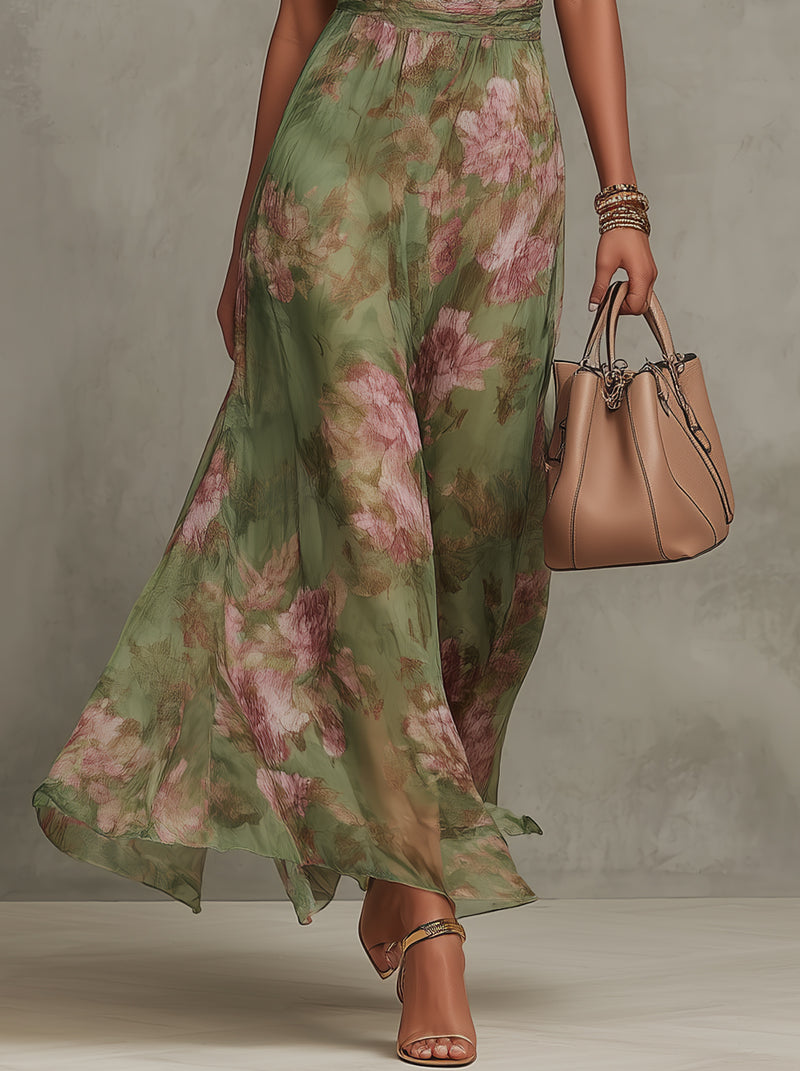 Robe longue fleurie pour femme avec col montant et jupe ample
