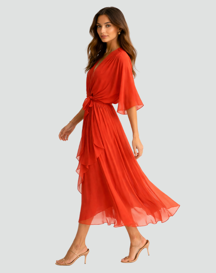 Abito Lungo Donna con Scollo a V e Vita Annodata