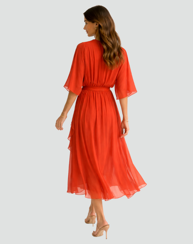 Abito Lungo Donna con Scollo a V e Vita Annodata