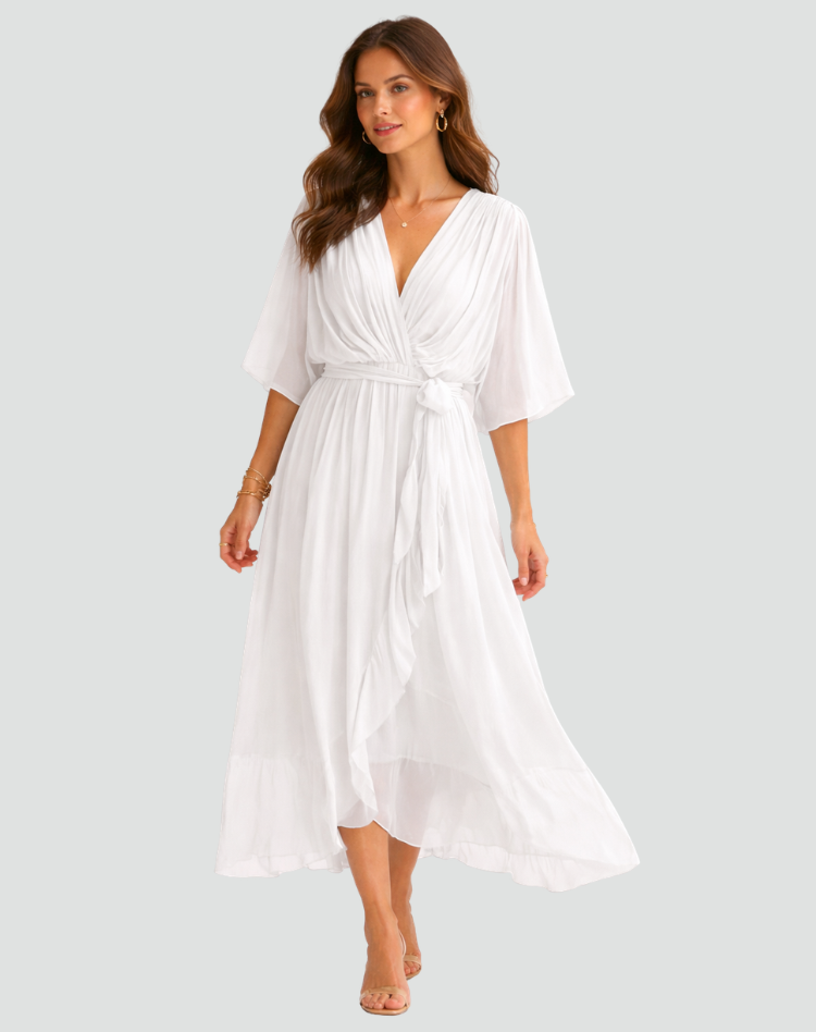 Abito Lungo Donna con Scollo a V e Vita Annodata