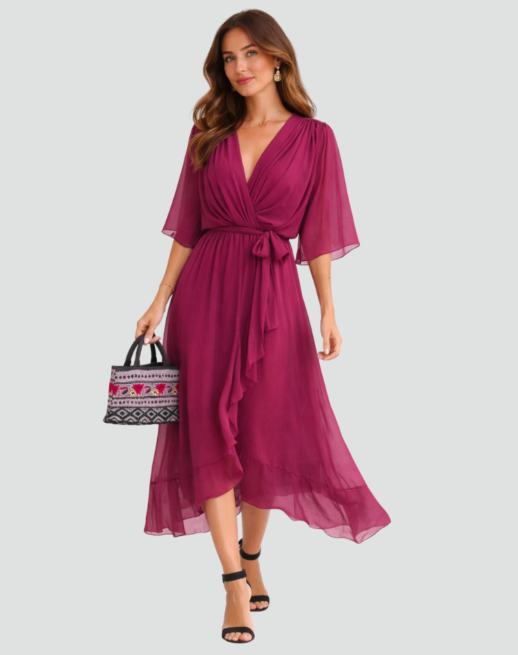 Abito Lungo Donna con Scollo a V e Vita Annodata