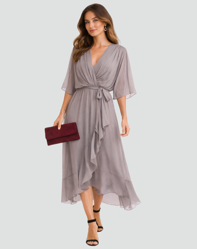 Abito Lungo Donna con Scollo a V e Vita Annodata