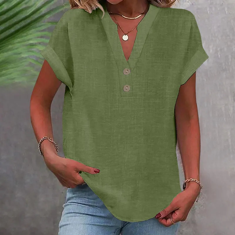Loose Summer Blouse with V-Neck and Buttons – Short Sleeve and Timeless
