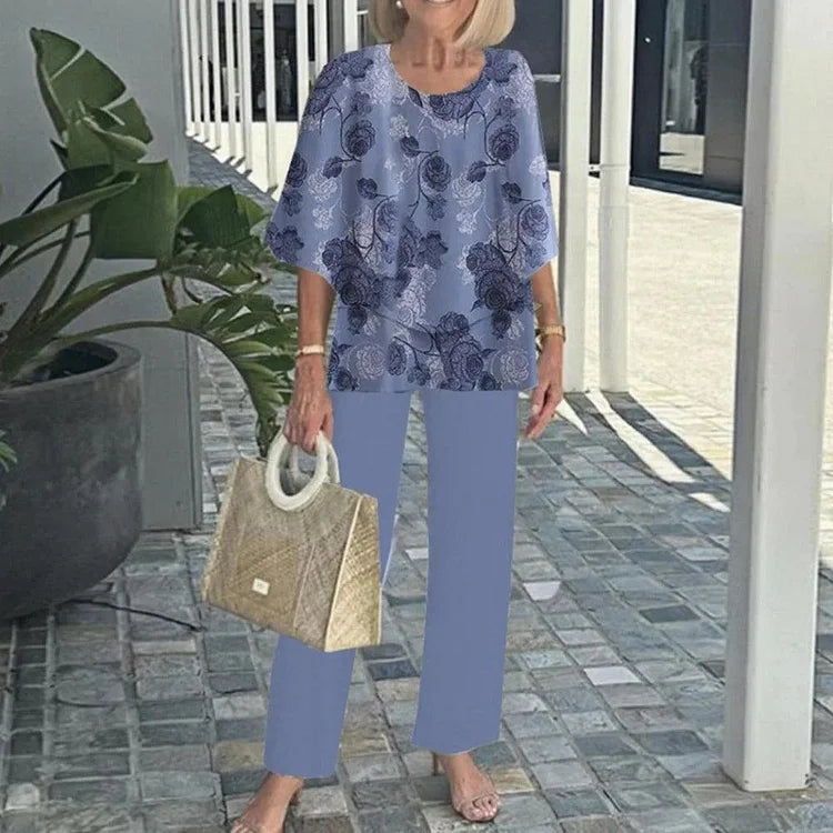 Printed 2-Piece Set with Loose Blouse and Pants for Women