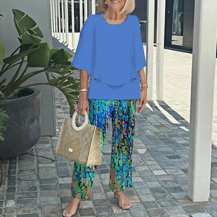 Printed 2-Piece Set with Loose Blouse and Pants for Women