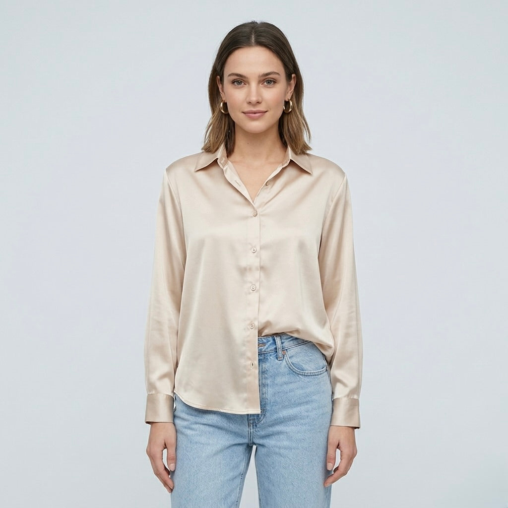Elegant damebluse med lange ærmer i moderne satinlook