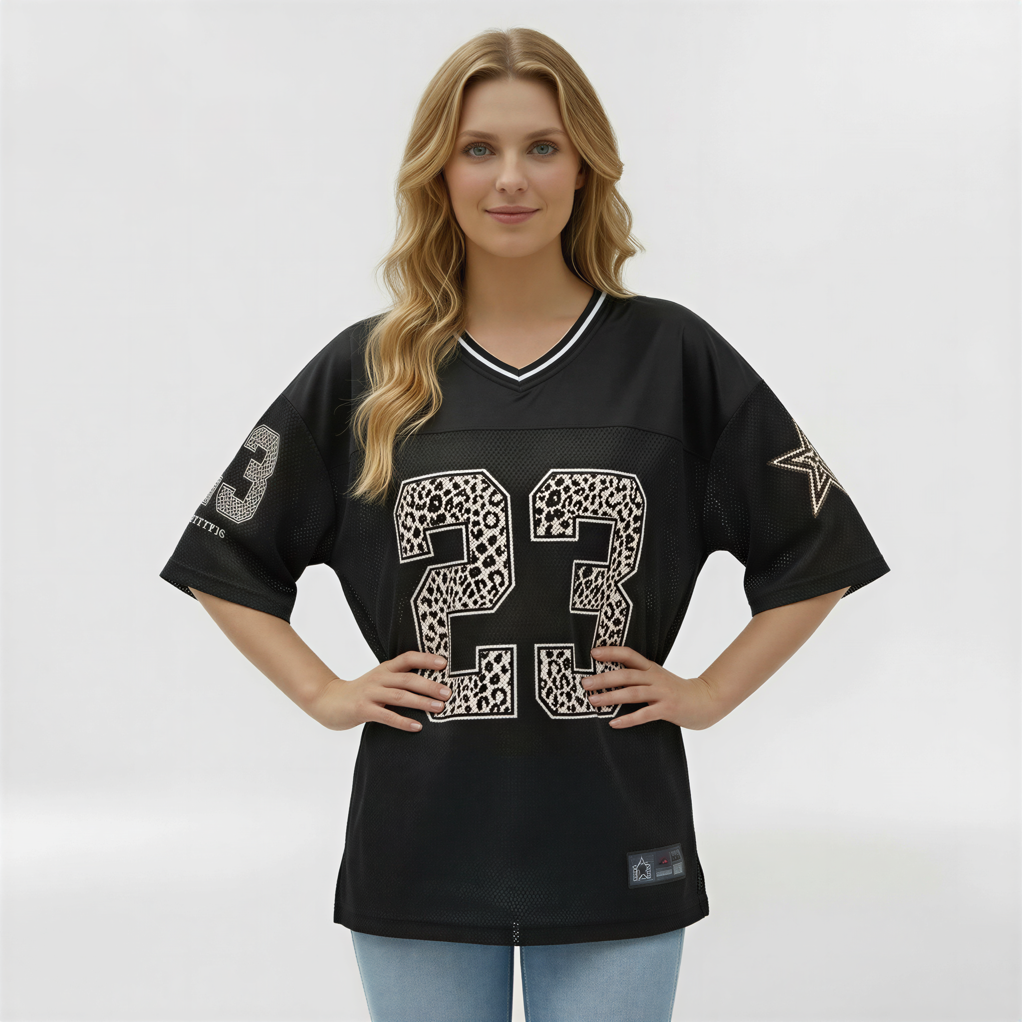 Oversized sportst-shirt til kvinder med trykt nummer, kortærmet casual jersey-stil