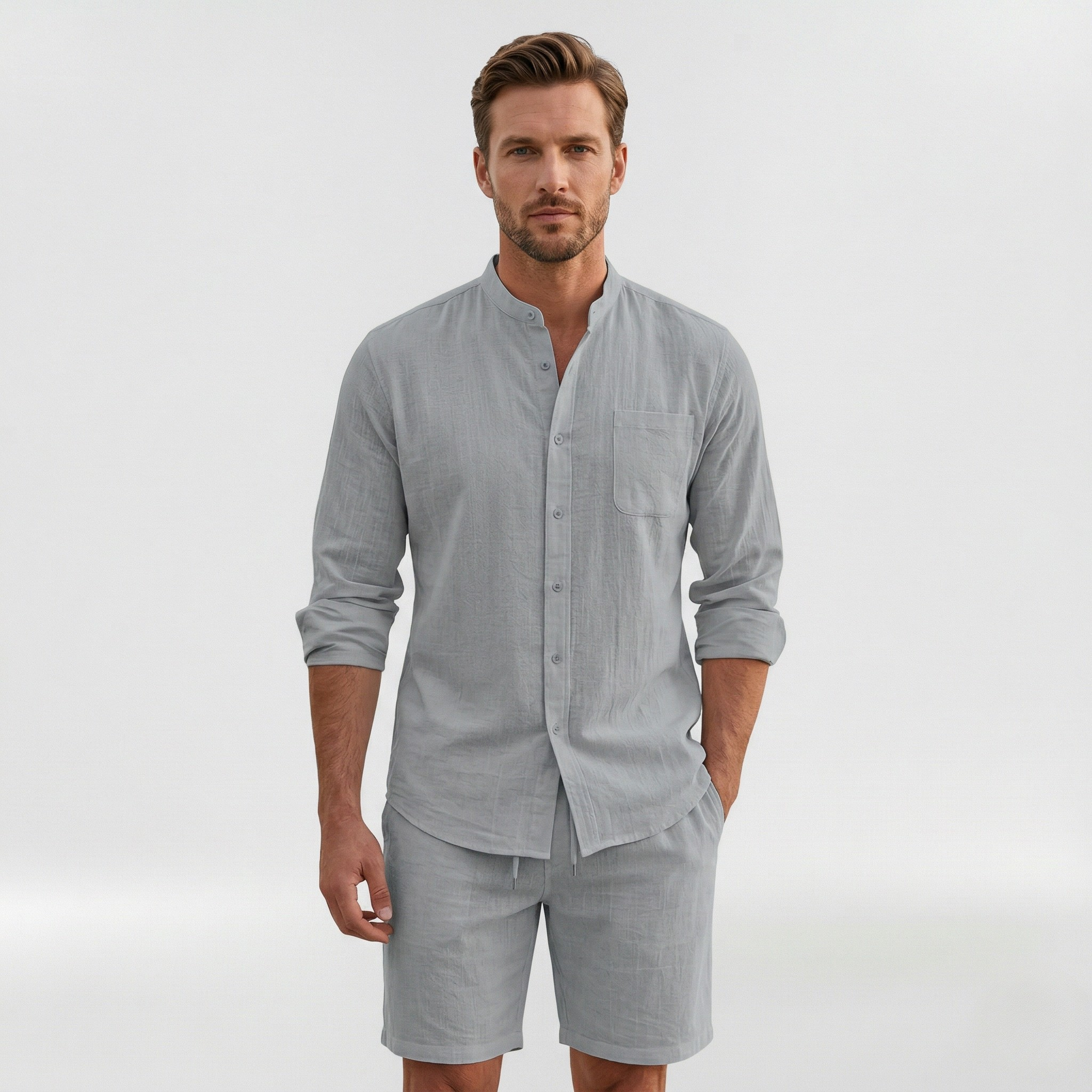 Compleu bărbați cămașă și pantaloni scurți croială lejeră pentru un stil casual de vară