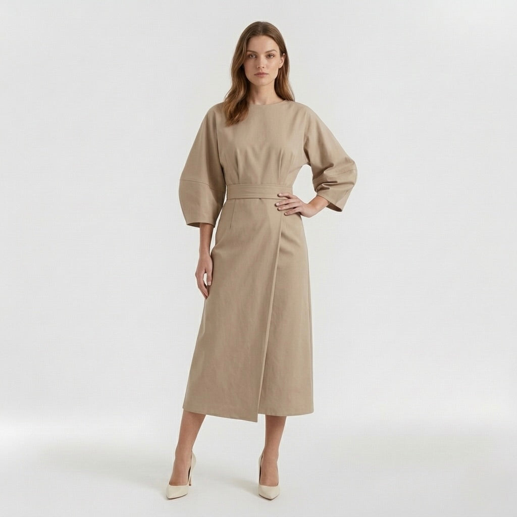 Elegant midi-kjole til kvinder med lange ærmer – Casual chic kjole med bælte
